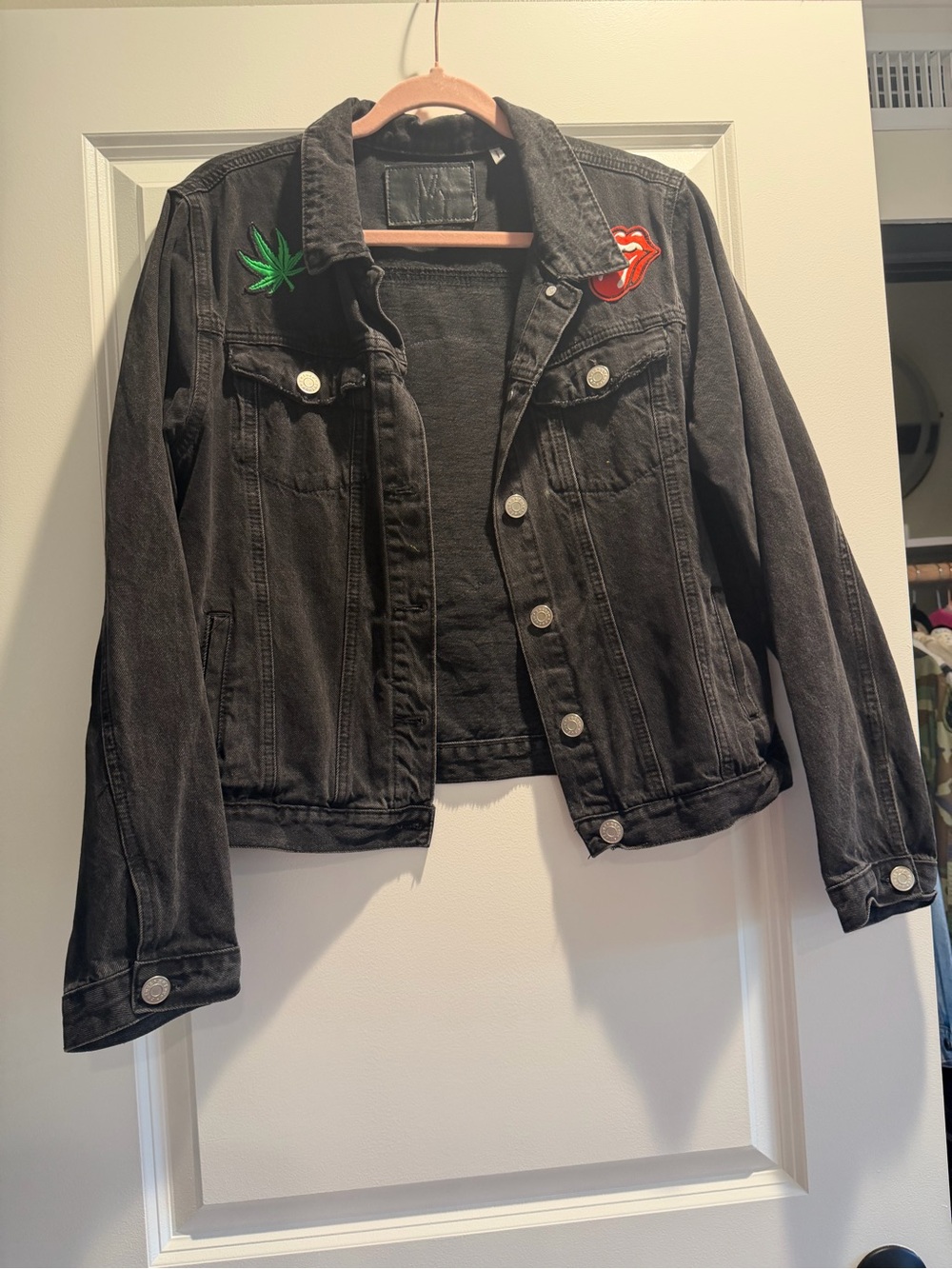 Black Women's Denim Jacket with Embroidered Patches